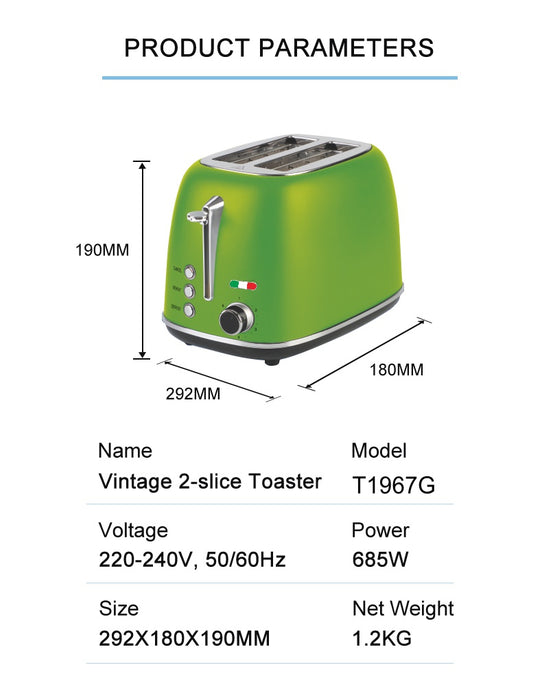 Vintage Electric 2 Slice Toaster Stainless Steel - Lime GREEN
