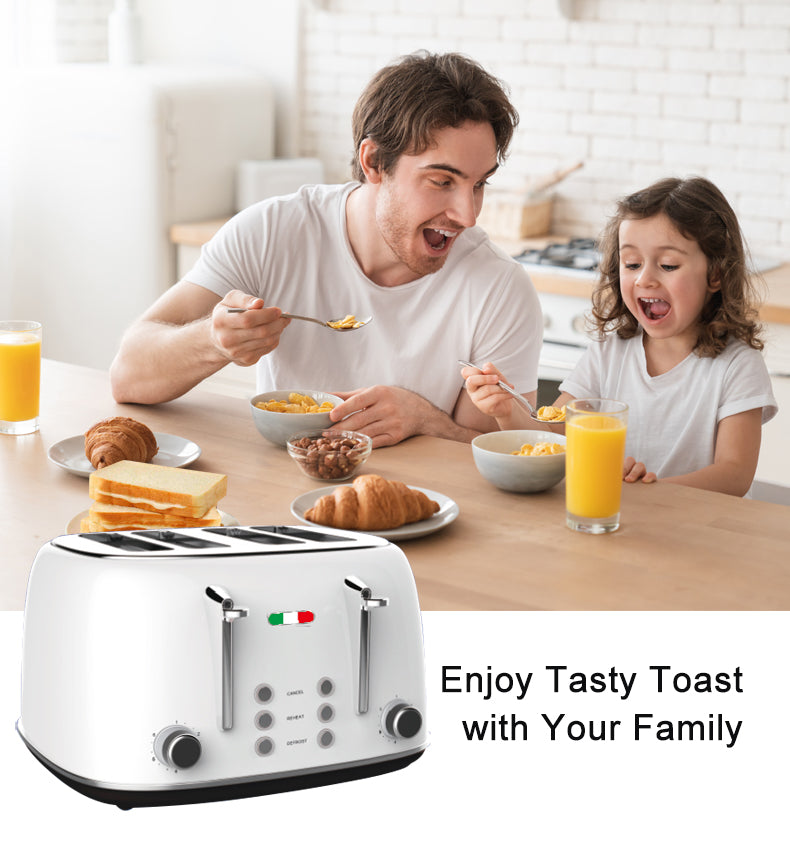 Vintage 4 Slice Toaster & 1.7L Glass Kettle Set - White Modern Design - LED, Browning Control, Keep Warm - Chrome Trim - Stylish Kitchen Combo