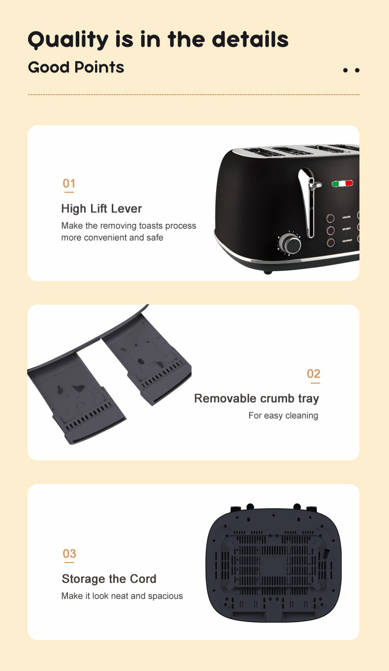 Vintage 4 Slice Toaster & 1.7L Glass Kettle Set - Black Modern Design - LED, Browning Control, Keep Warm - Chrome Trim - Stylish Kitchen Combo
