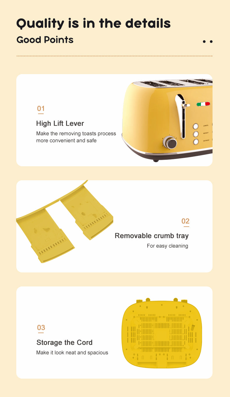 Vintage 4 Slice Toaster and 1.7L Glass Kettle Set - Yellow Modern Design - LED, Browning Control, Keep Warm - Chrome Trim - Stylish Kitchen Combo