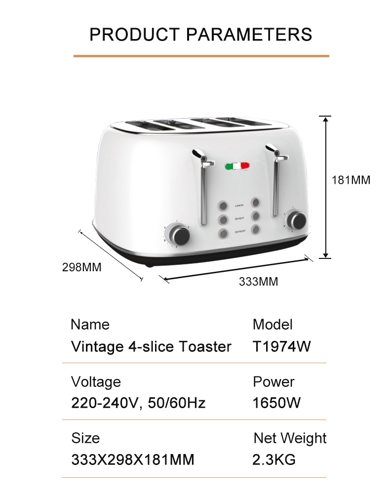Vintage 4 Slice Toaster & 1.7L Glass Kettle Set - White Modern Design - LED, Browning Control, Keep Warm - Chrome Trim - Stylish Kitchen Combo