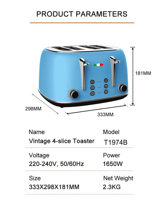 Vintage Electric Kettle and 4 slice Toaster Combo Sky blue Stainless Steel