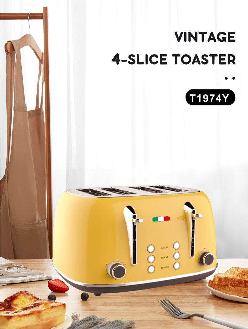 Vintage 4 Slice Toaster and 1.7L Glass Kettle Set - Yellow Modern Design - LED, Browning Control, Keep Warm - Chrome Trim - Stylish Kitchen Combo
