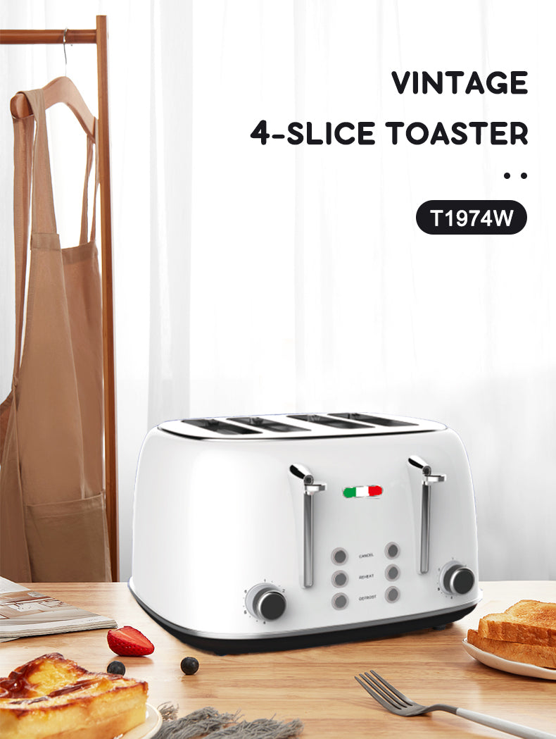 Vintage 4 Slice Toaster & 1.7L Glass Kettle Set - White Modern Design - LED, Browning Control, Keep Warm - Chrome Trim - Stylish Kitchen Combo