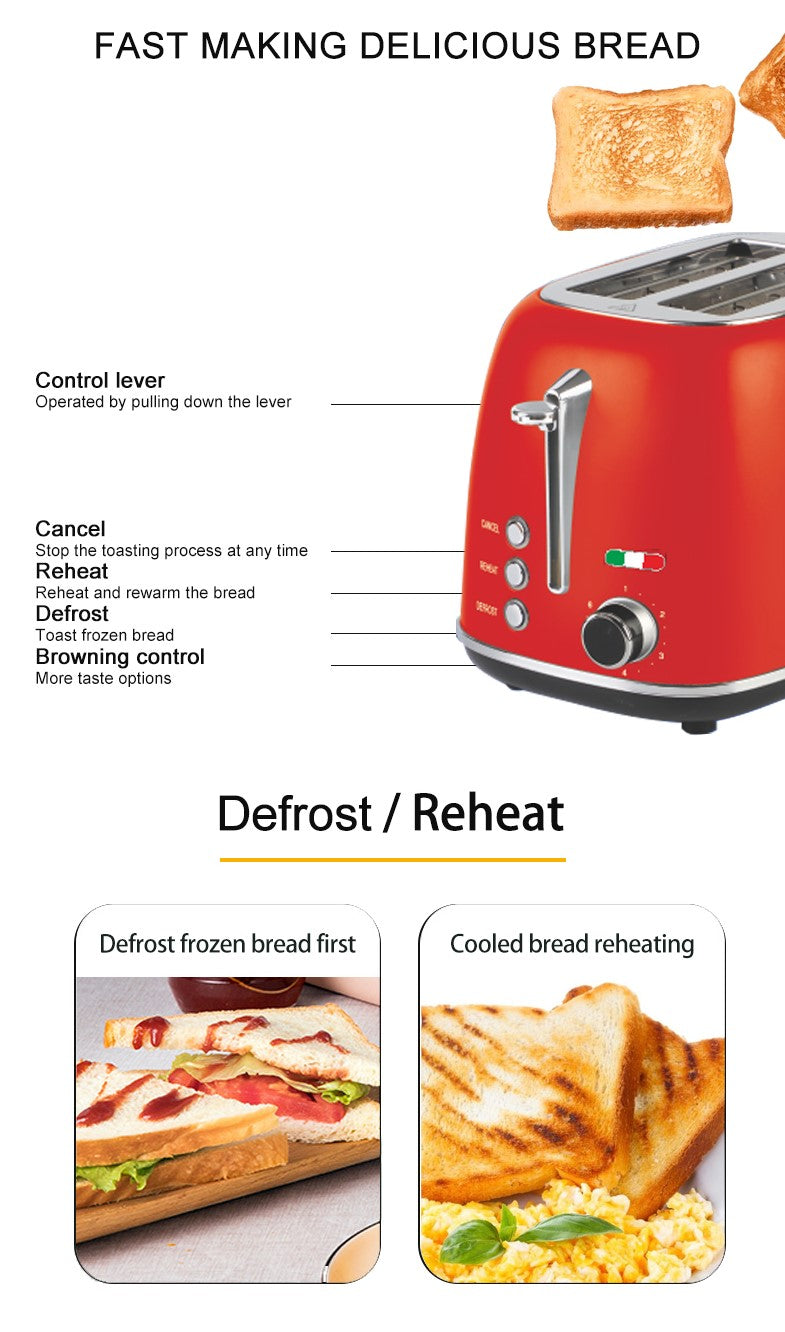 Vintage 2 Slice Toaster & 1.7L Glass Kettle Set - Red Modern Design - LED, Browning Control, Keep Warm - Chrome Trim - Stylish Kitchen Combo