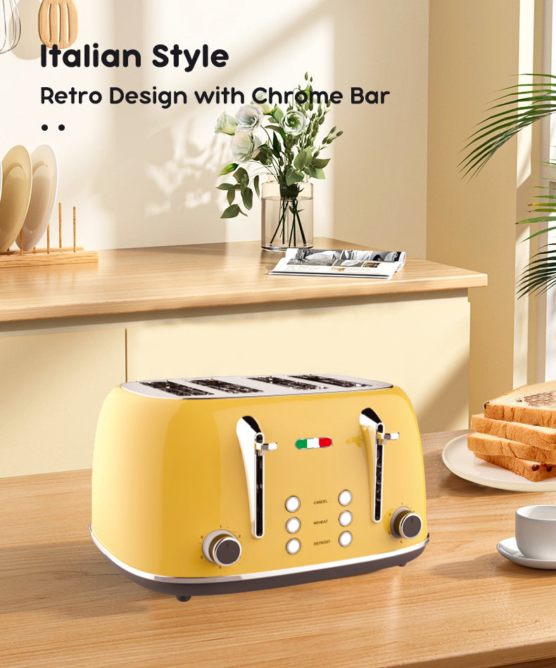 Vintage 4 Slice Toaster and 1.7L Glass Kettle Set - Yellow Modern Design - LED, Browning Control, Keep Warm - Chrome Trim - Stylish Kitchen Combo
