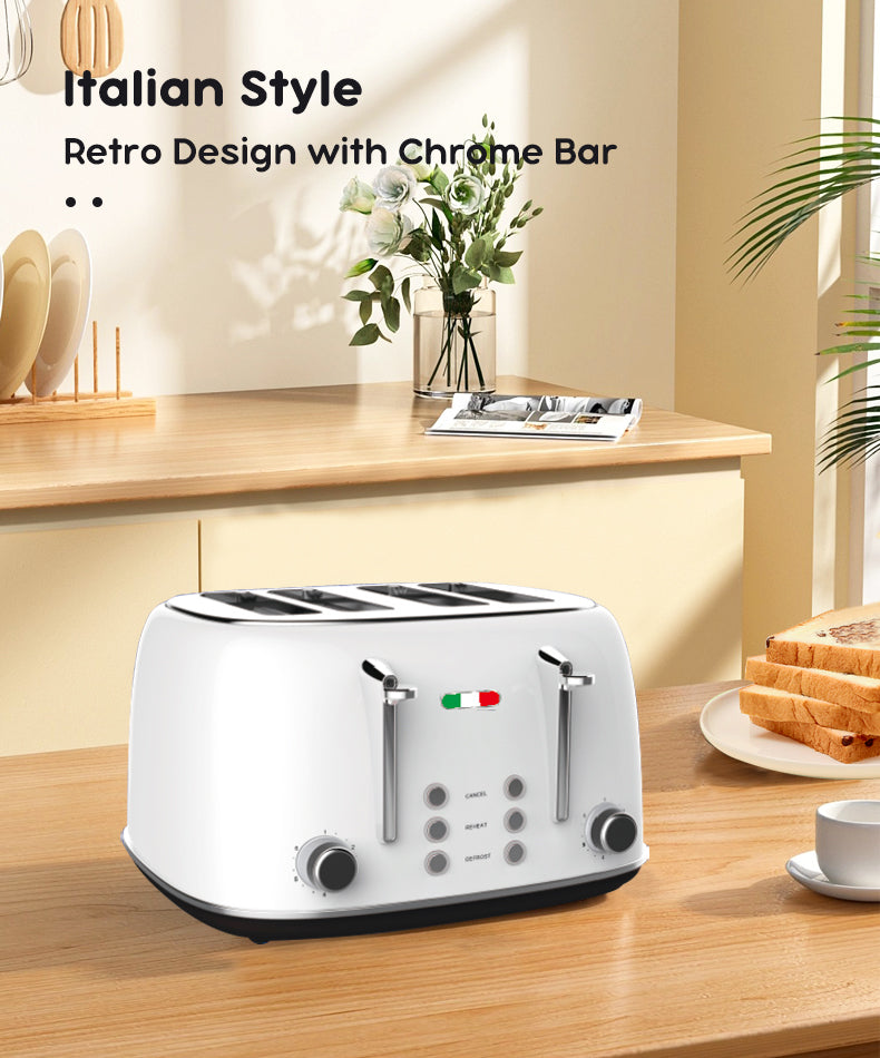 Vintage 4 Slice Toaster & 1.7L Glass Kettle Set - White Modern Design - LED, Browning Control, Keep Warm - Chrome Trim - Stylish Kitchen Combo