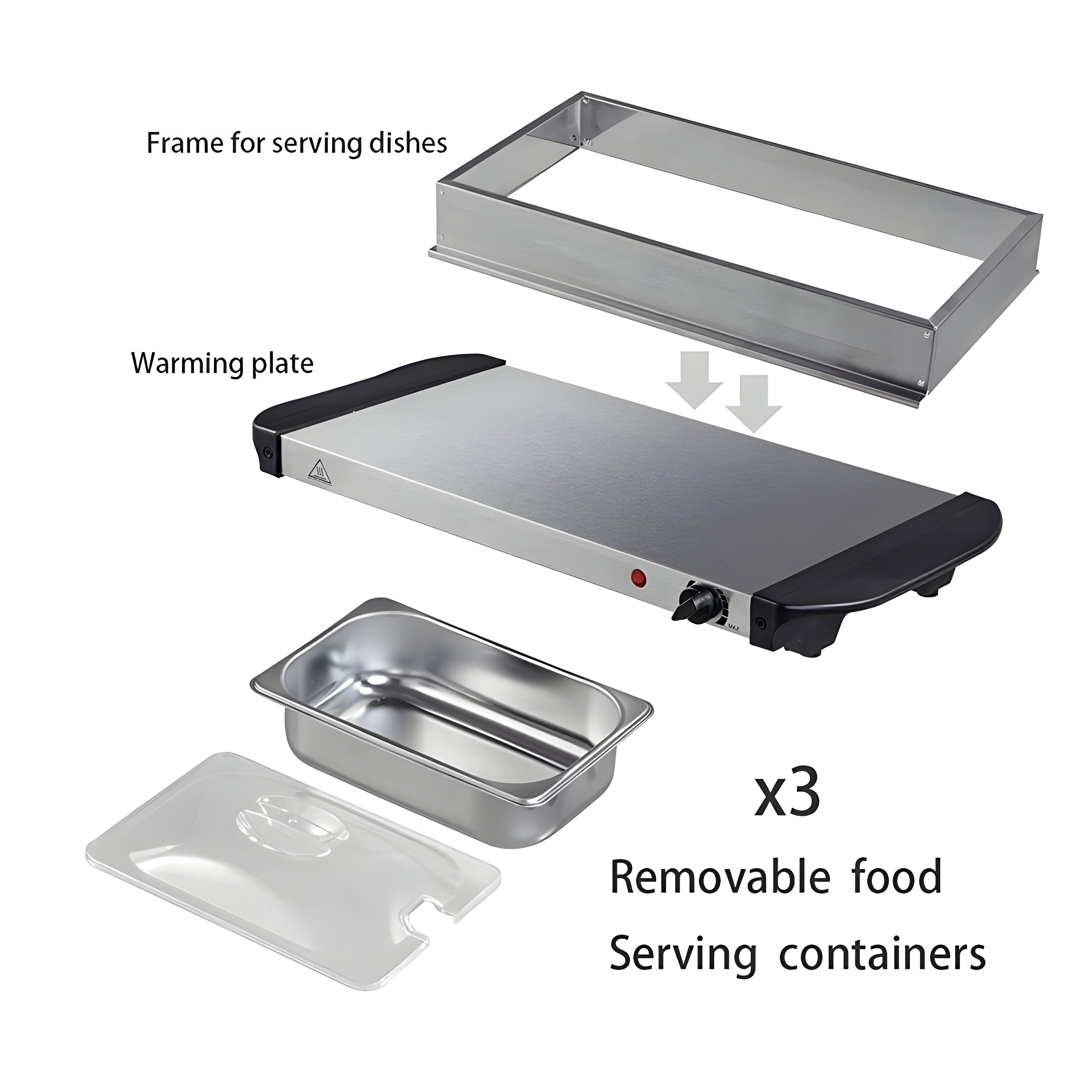 Food Warmer Buffet Electric Server Large Bain Marie Stainless Steel 2.5L x3 Tray
