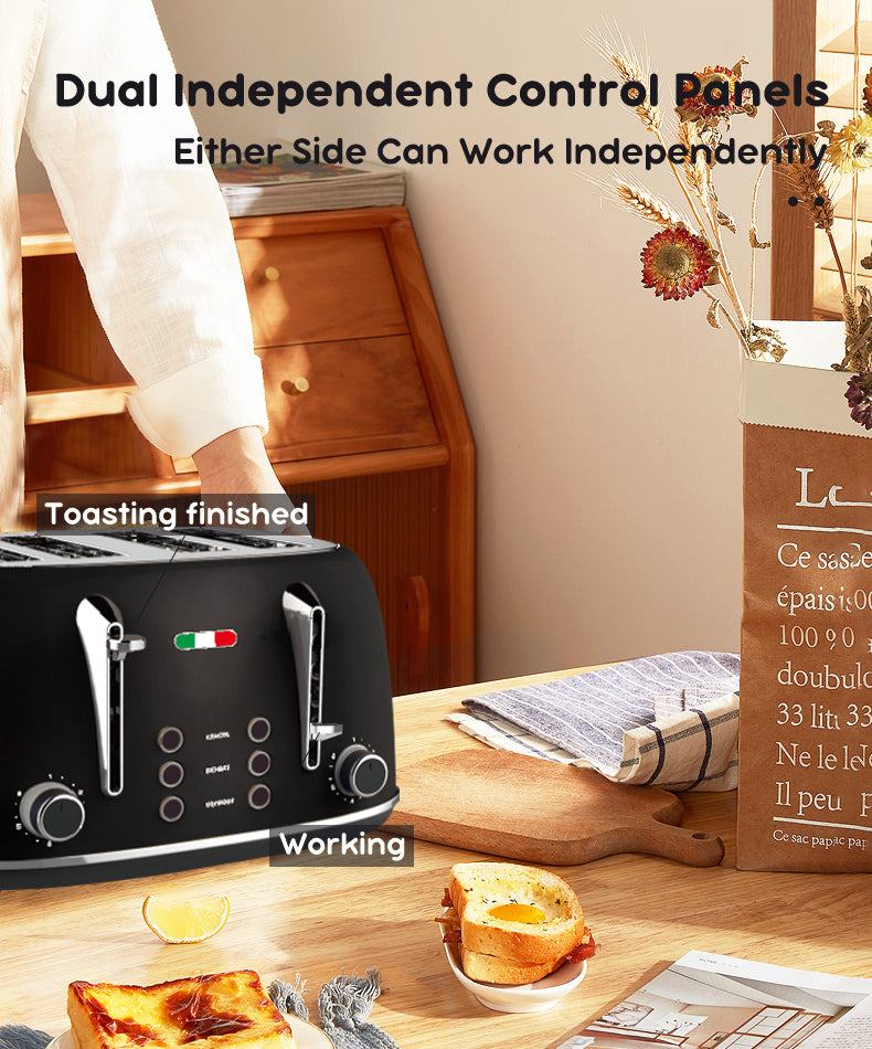 Vintage 4 Slice Toaster & 1.7L Glass Kettle Set - Black Modern Design - LED, Browning Control, Keep Warm - Chrome Trim - Stylish Kitchen Combo
