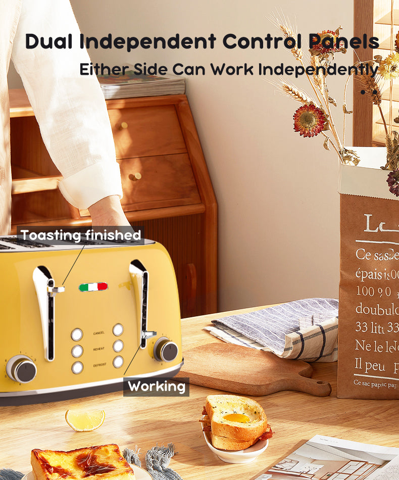 Vintage 4 Slice Toaster and 1.7L Glass Kettle Set - Yellow Modern Design - LED, Browning Control, Keep Warm - Chrome Trim - Stylish Kitchen Combo