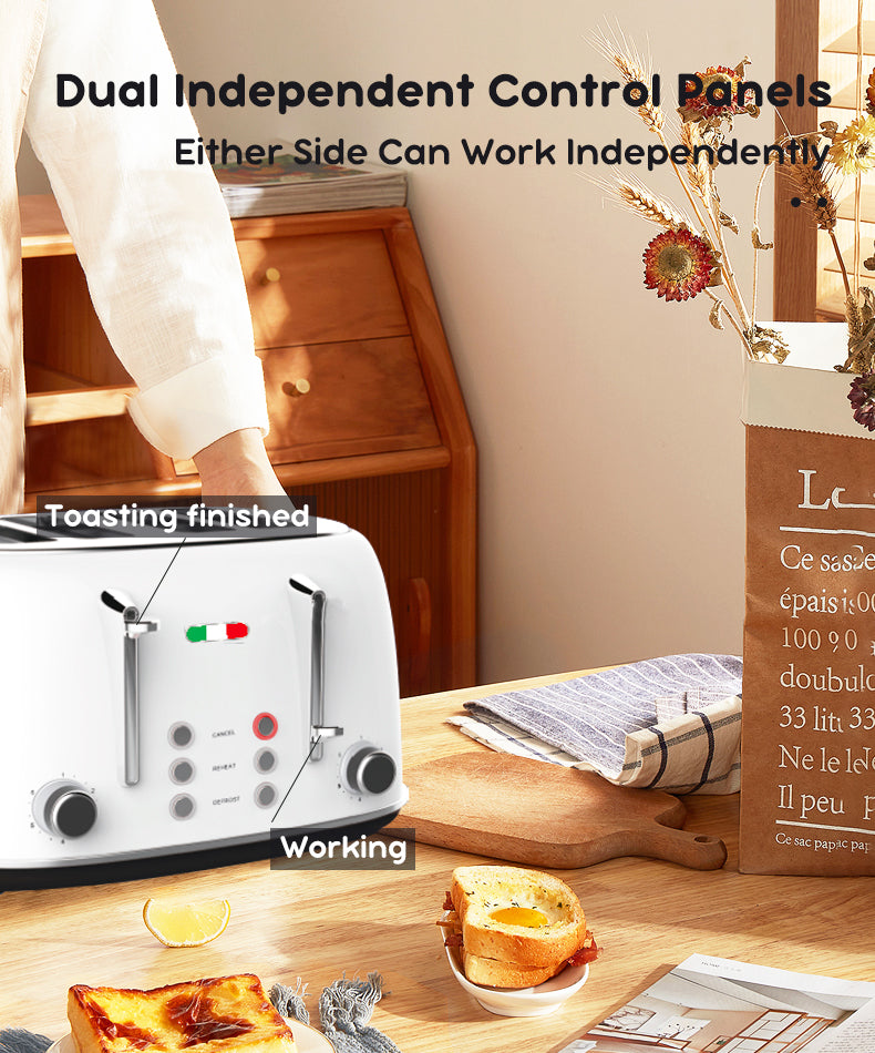Vintage 4 Slice Toaster & 1.7L Glass Kettle Set - White Modern Design - LED, Browning Control, Keep Warm - Chrome Trim - Stylish Kitchen Combo