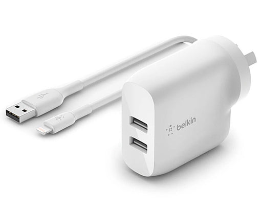 Belkin BoostUp Charge 24W Dual USB-A Charger + Lightning to USB-A Cable (White)