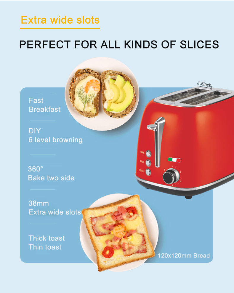 Vintage 2 Slice Toaster & 1.7L Glass Kettle Set - Red Modern Design - LED, Browning Control, Keep Warm - Chrome Trim - Stylish Kitchen Combo