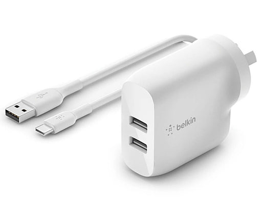 Belkin BoostUp Charge 24W Dual USB-A Wall Charger + USB-A to USB-C Cable (White)