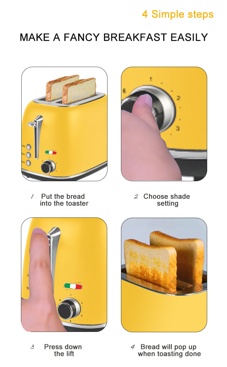 Vintage 2 Slice Toaster and 1.7L Glass Kettle Set - Yellow Modern Design - LED, Browning Control, Keep Warm - Chrome Trim - Stylish Kitchen Combo