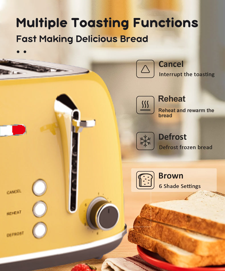 Vintage 4 Slice Toaster and 1.7L Glass Kettle Set - Yellow Modern Design - LED, Browning Control, Keep Warm - Chrome Trim - Stylish Kitchen Combo