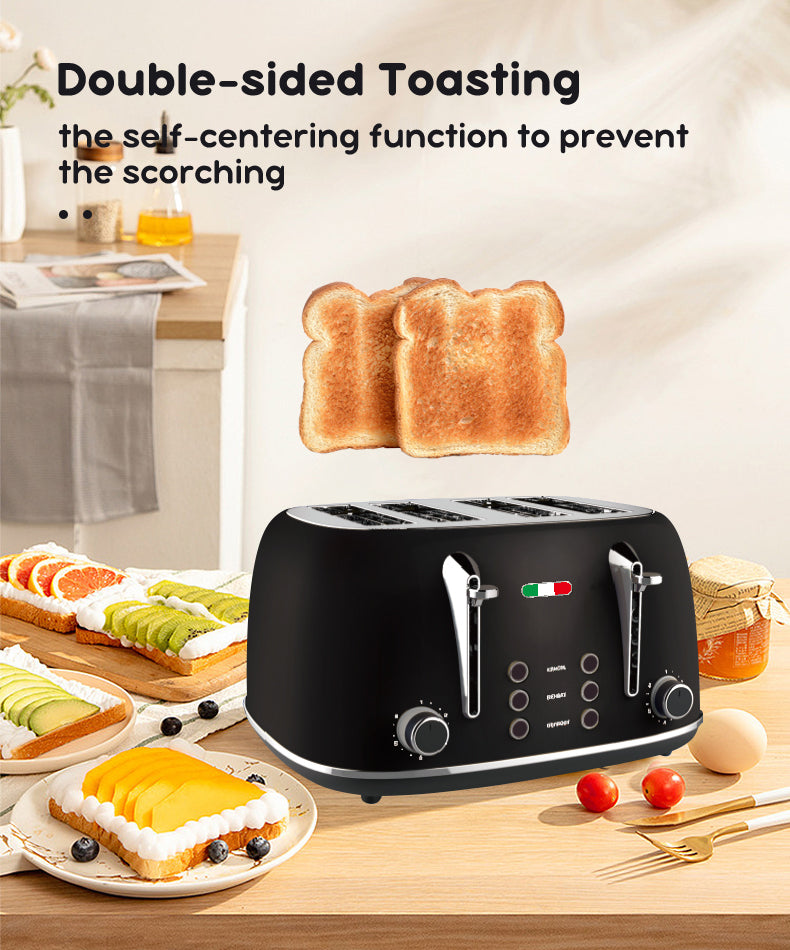 Vintage 4 Slice Toaster & 1.7L Glass Kettle Set - Black Modern Design - LED, Browning Control, Keep Warm - Chrome Trim - Stylish Kitchen Combo