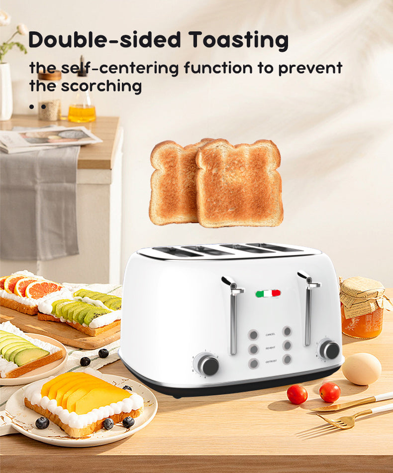 Vintage 4 Slice Toaster & 1.7L Glass Kettle Set - White Modern Design - LED, Browning Control, Keep Warm - Chrome Trim - Stylish Kitchen Combo