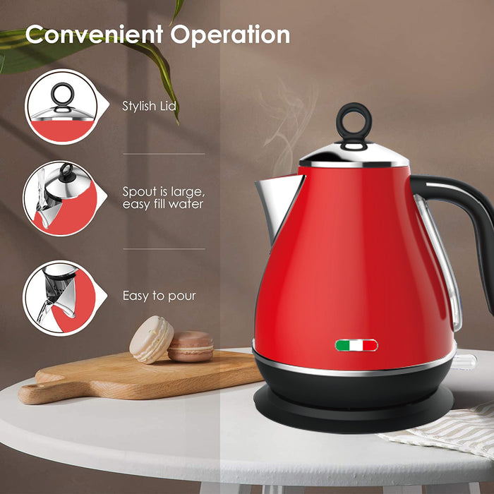 Vintage Electric Kettle Red 1.7L Stainless Steel Auto OFF 2200W
