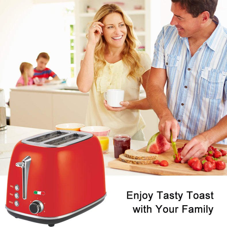Vintage 2 Slice Toaster & 1.7L Glass Kettle Set - Red Modern Design - LED, Browning Control, Keep Warm - Chrome Trim - Stylish Kitchen Combo