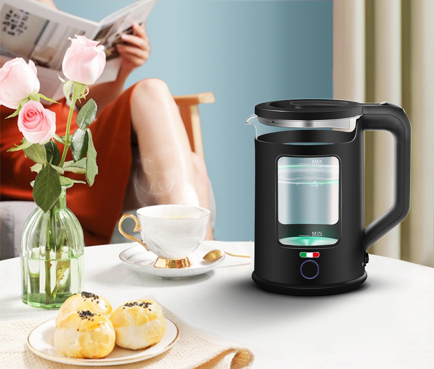 Vintage 4 Slice Toaster & 1.7L Glass Kettle Set - Black Modern Design - LED, Browning Control, Keep Warm - Chrome Trim - Stylish Kitchen Combo