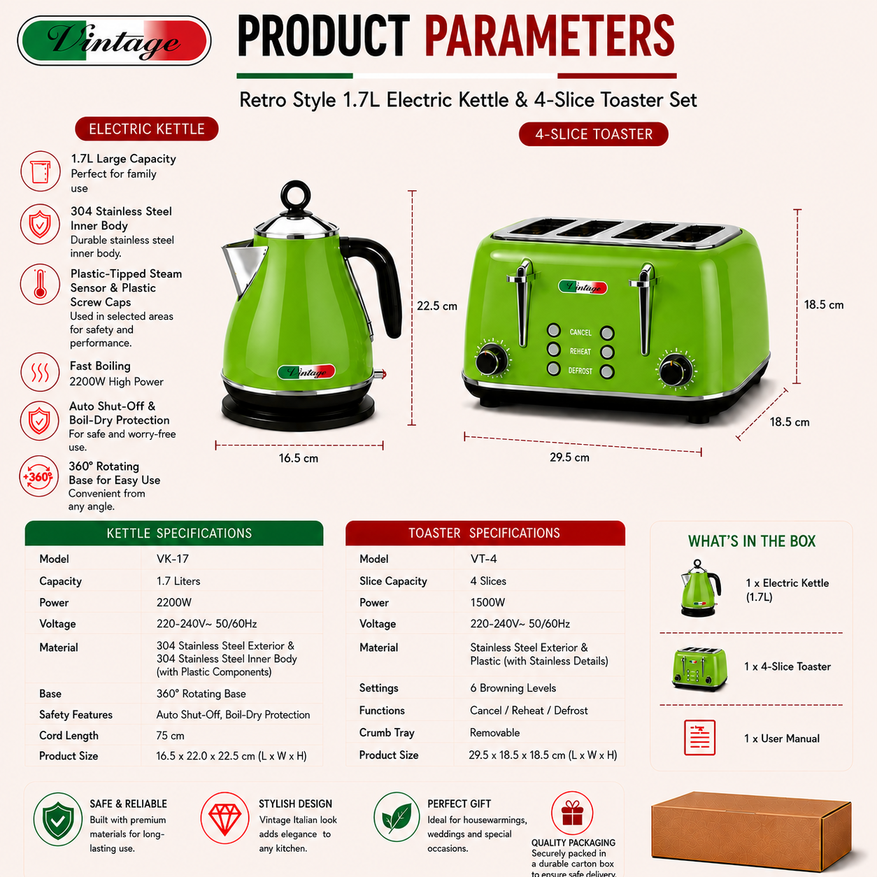 Vintage Lime Green Electric Kettle and 4-Slice Toaster Combo Set - Stainless Steel, Glossy Finish, Auto Shut-Off & Variable Browning Control
