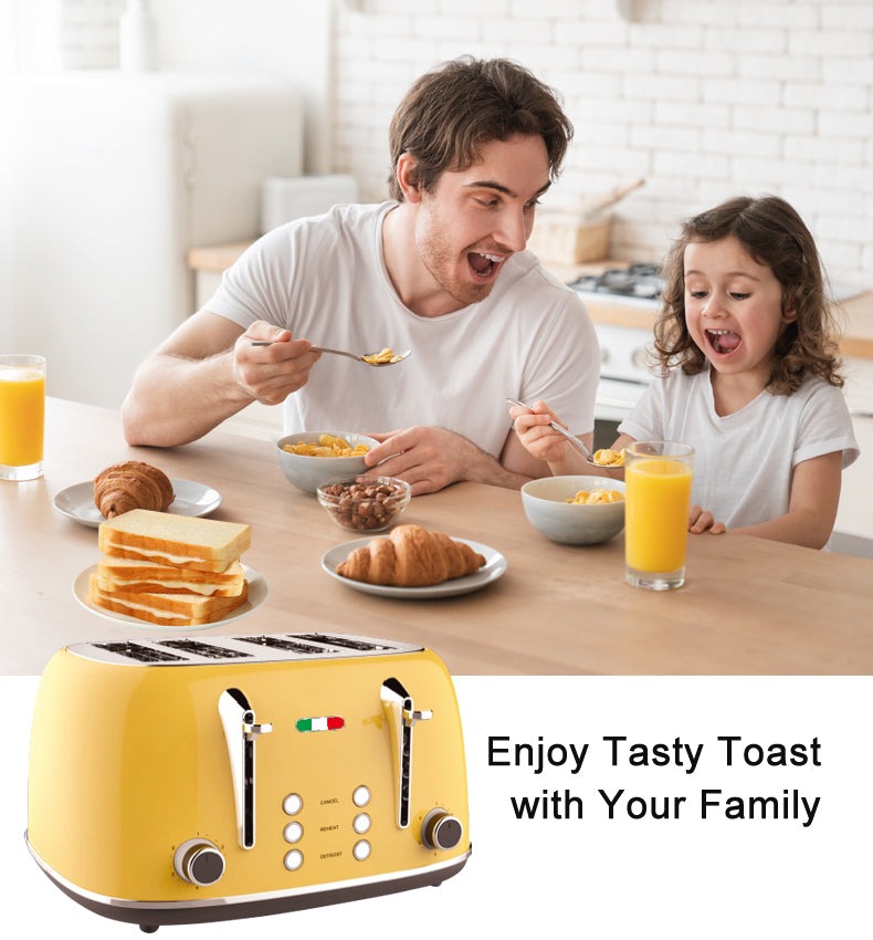 Vintage 4 Slice Toaster and 1.7L Glass Kettle Set - Yellow Modern Design - LED, Browning Control, Keep Warm - Chrome Trim - Stylish Kitchen Combo