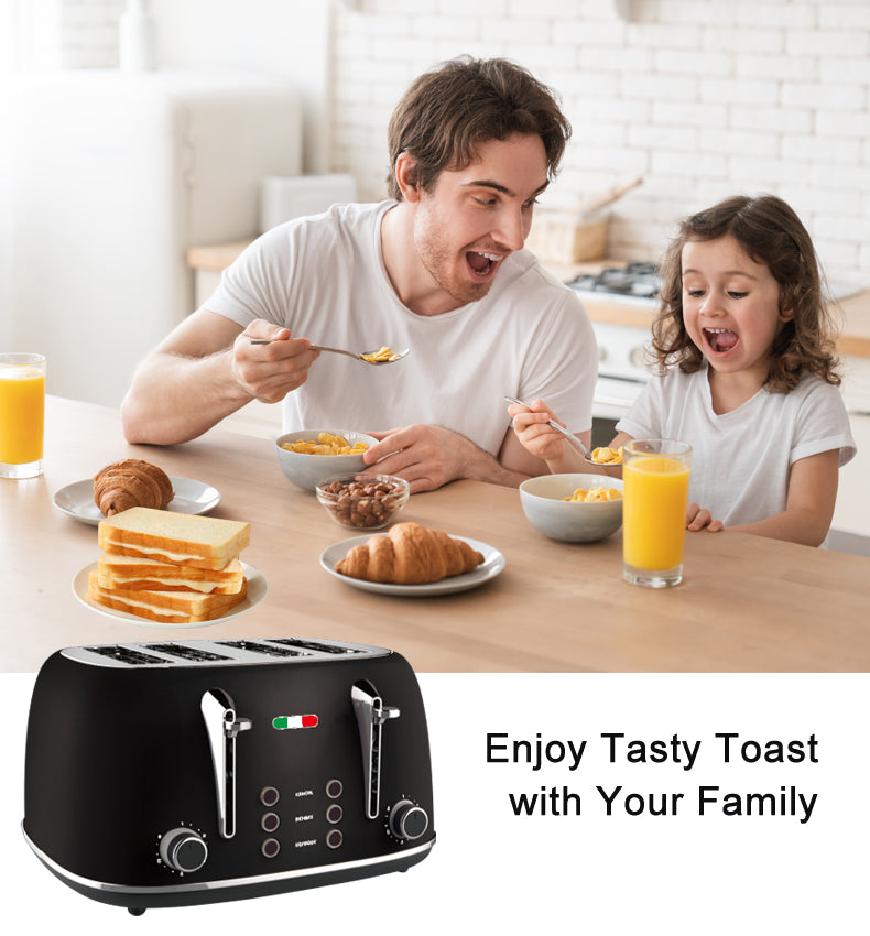 Vintage 4 Slice Toaster & 1.7L Glass Kettle Set - Black Modern Design - LED, Browning Control, Keep Warm - Chrome Trim - Stylish Kitchen Combo