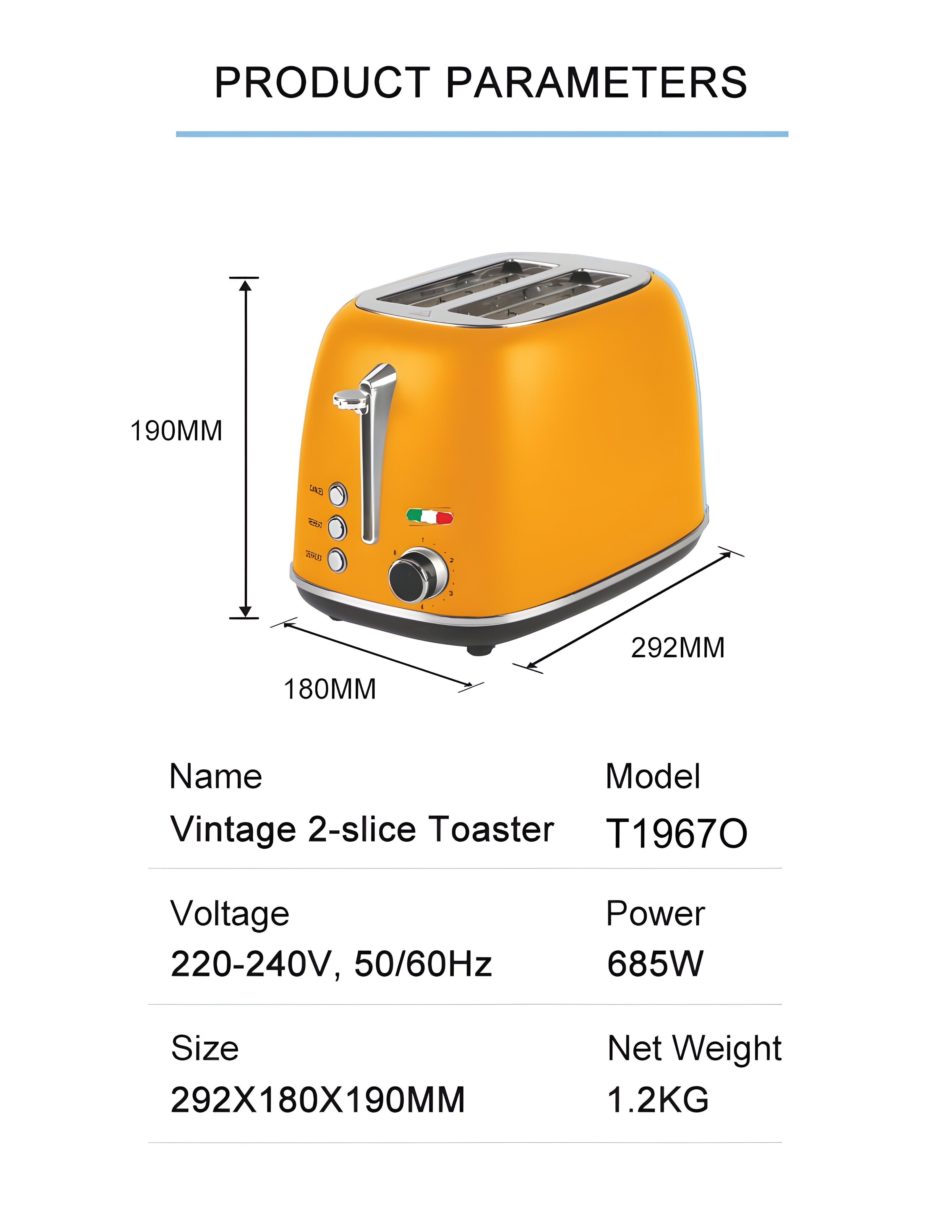 Vintage 2 Slice Toaster – Mango Orange Stainless Steel, 825W – Extra Wide Slots, 6 Browning Levels, Defrost & Reheat, High-Lift Lever