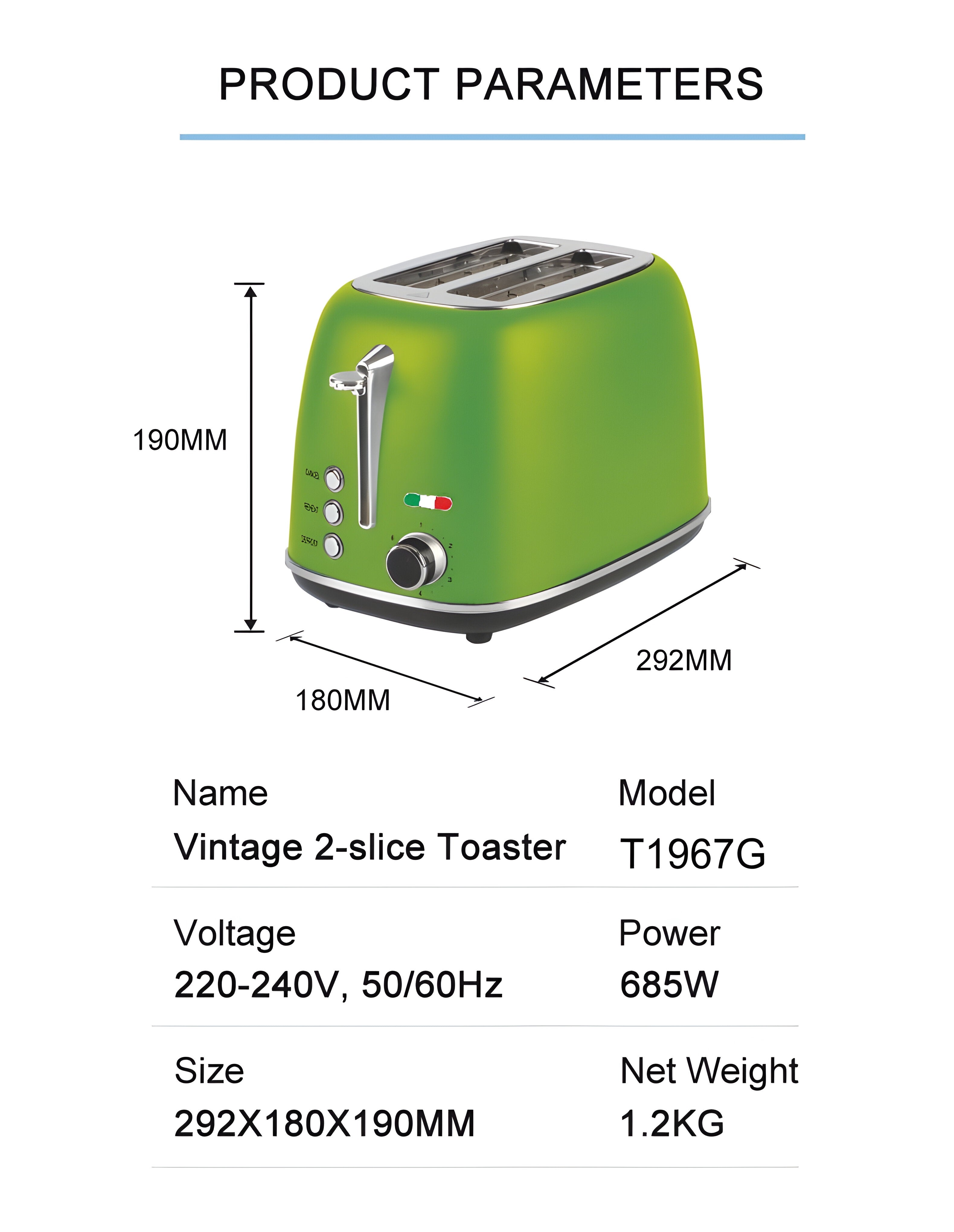 Vintage 2 Slice Toaster – Lime Green Stainless Steel, 825W – Extra Wide Slots, 6 Browning Levels, Defrost & Reheat, High-Lift Lever
