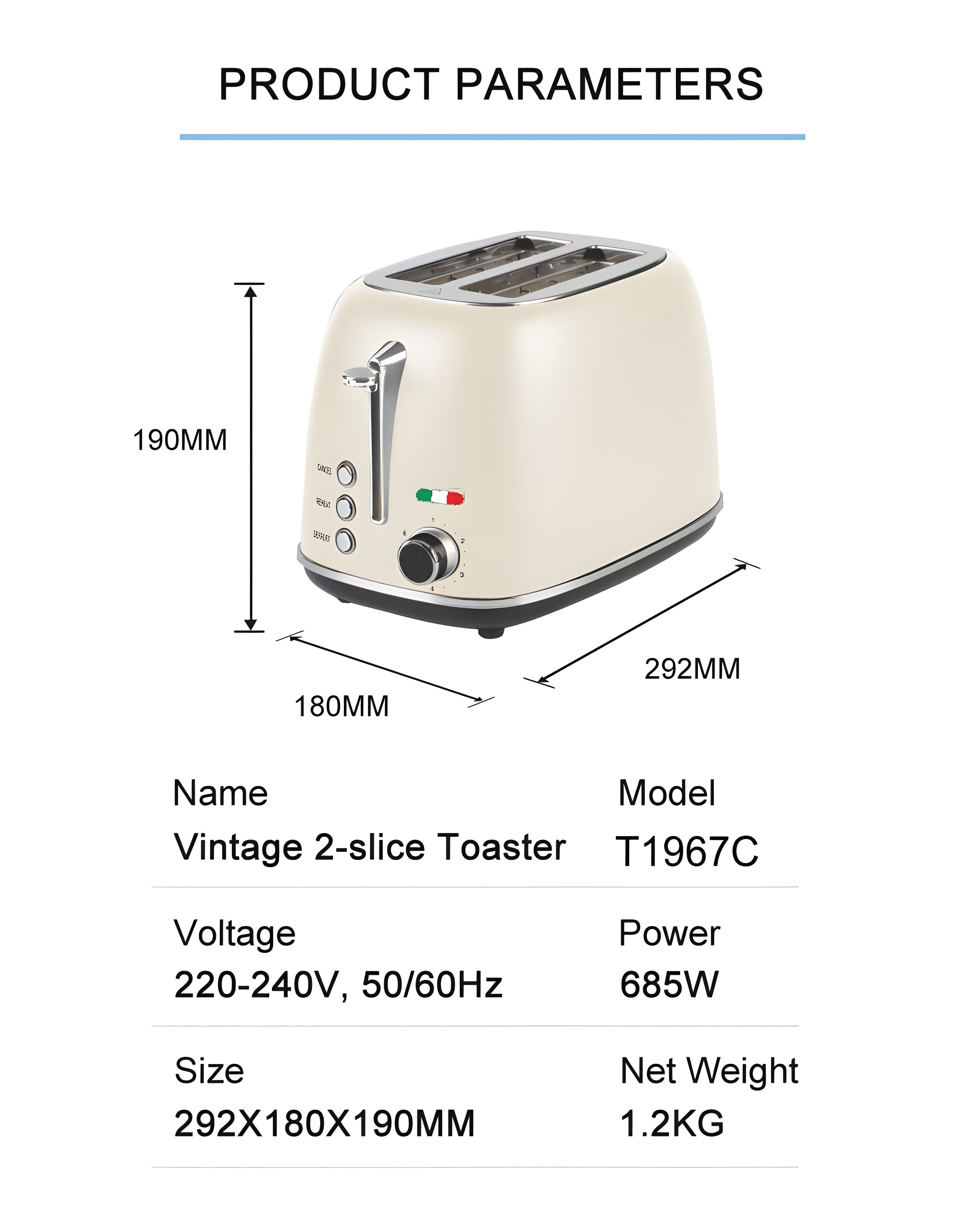 Vintage 2 Slice Toaster – Cream Stainless Steel, 825W – Extra Wide Slots, 6 Browning Levels, Defrost & Reheat, High-Lift Lever