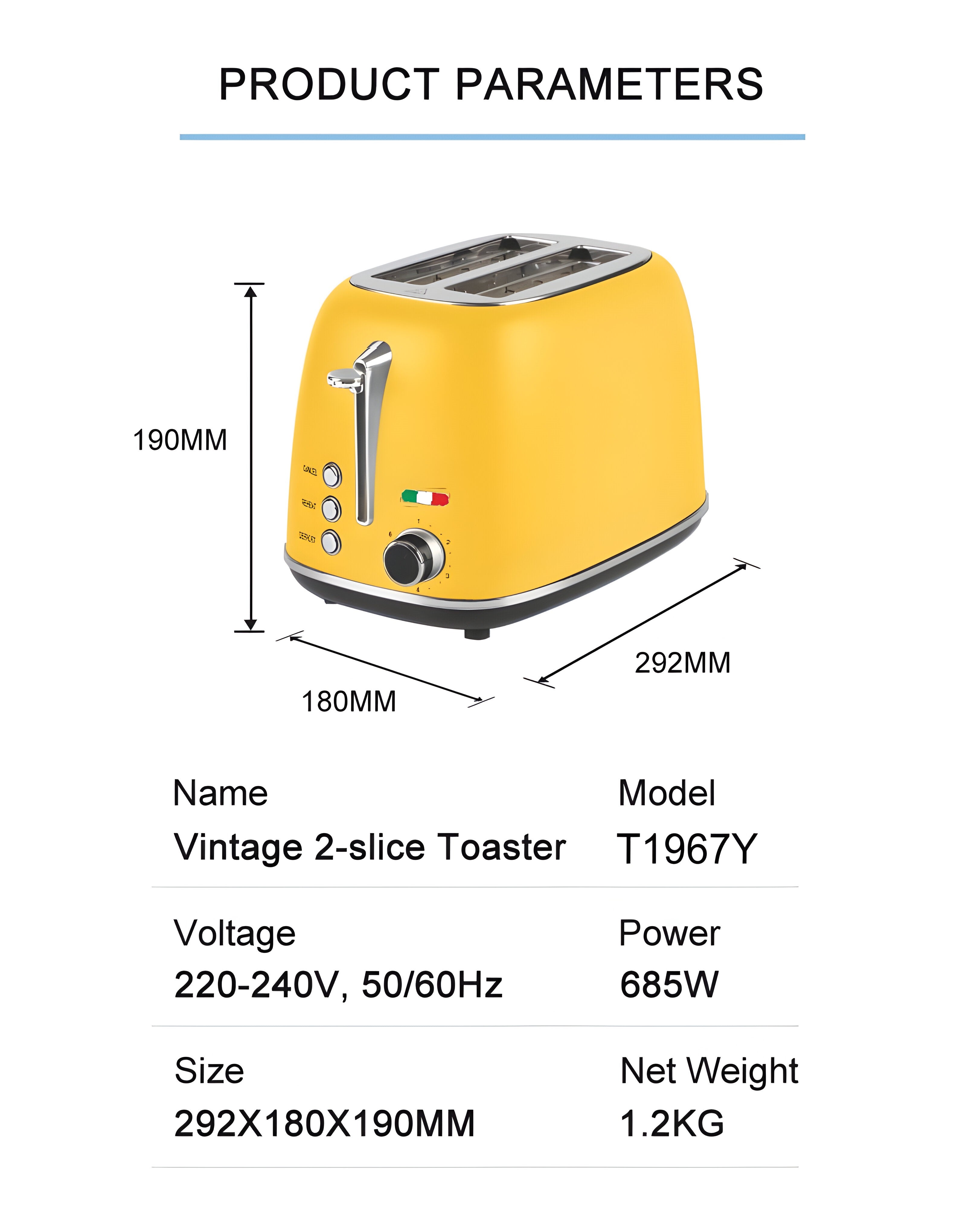 Vintage 2 Slice Toaster – Yellow Stainless Steel, 825W – Extra Wide Slots, 6 Browning Levels, Defrost & Reheat, High-Lift Lever