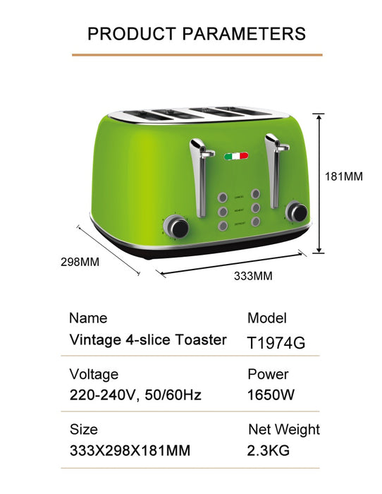 Vintage Electric 4 Slice Toaster LIME GREEN Stainless Steel 1650W
