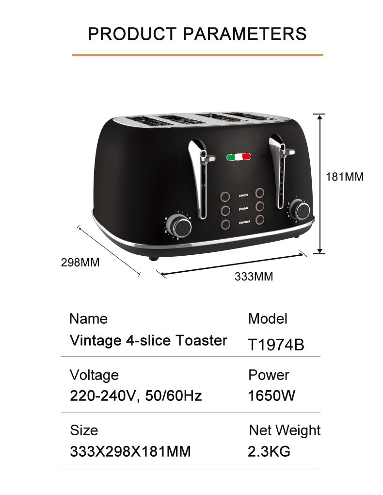 Vintage 4 Slice Toaster & 1.7L Glass Kettle Set - Black Modern Design - LED, Browning Control, Keep Warm - Chrome Trim - Stylish Kitchen Combo
