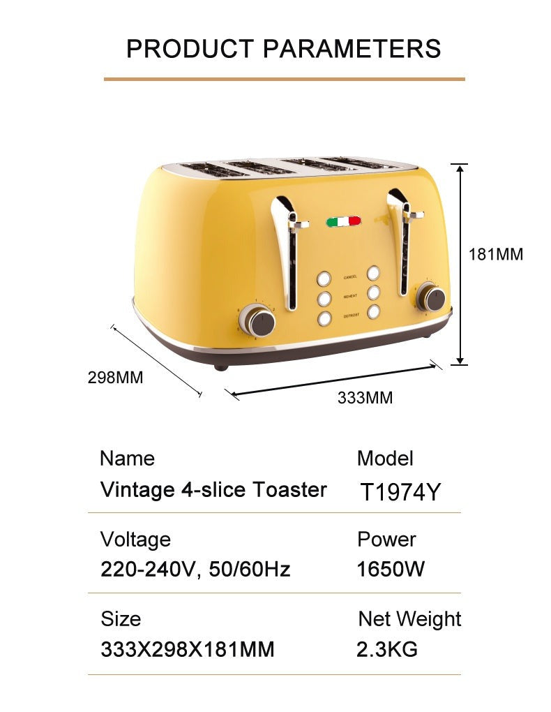 Vintage 4 Slice Toaster and 1.7L Glass Kettle Set - Yellow Modern Design - LED, Browning Control, Keep Warm - Chrome Trim - Stylish Kitchen Combo