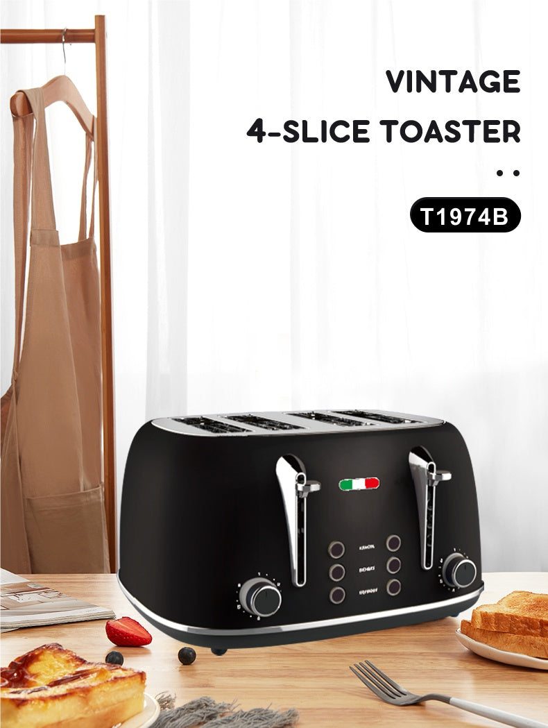 Vintage 4 Slice Toaster & 1.7L Glass Kettle Set - Black Modern Design - LED, Browning Control, Keep Warm - Chrome Trim - Stylish Kitchen Combo