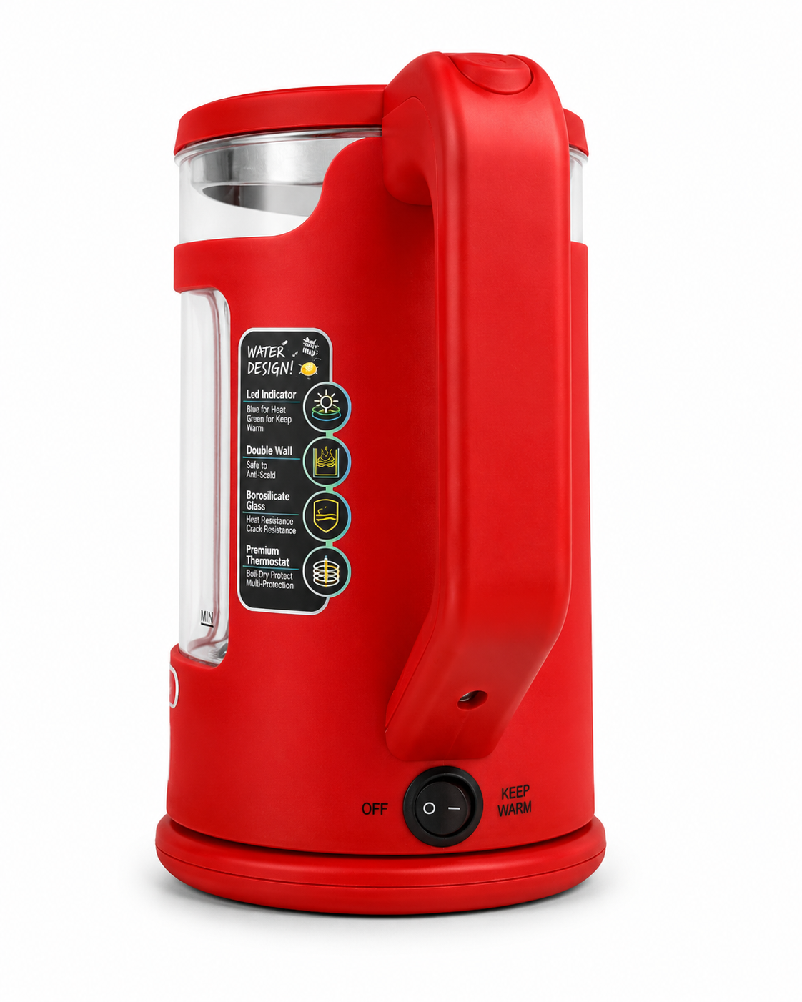 Vintage 1.7L Glass Electric Kettle with LED Light, Keep Warm & Boil-Dry Protection - Red