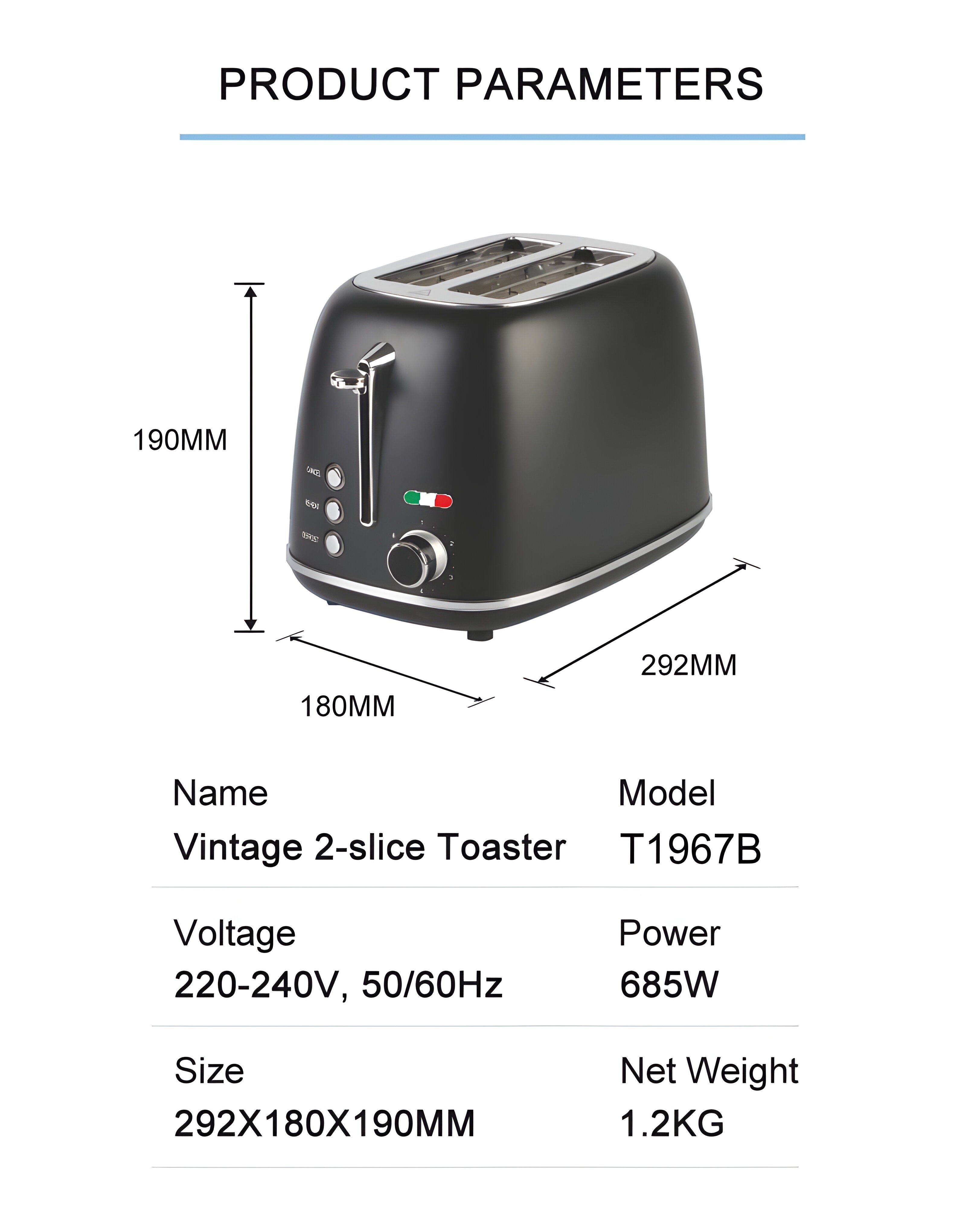 Vintage 2 Slice Toaster – Black Stainless Steel, 825W – Extra Wide Slots, 6 Browning Levels, Defrost & Reheat, High-Lift Lever