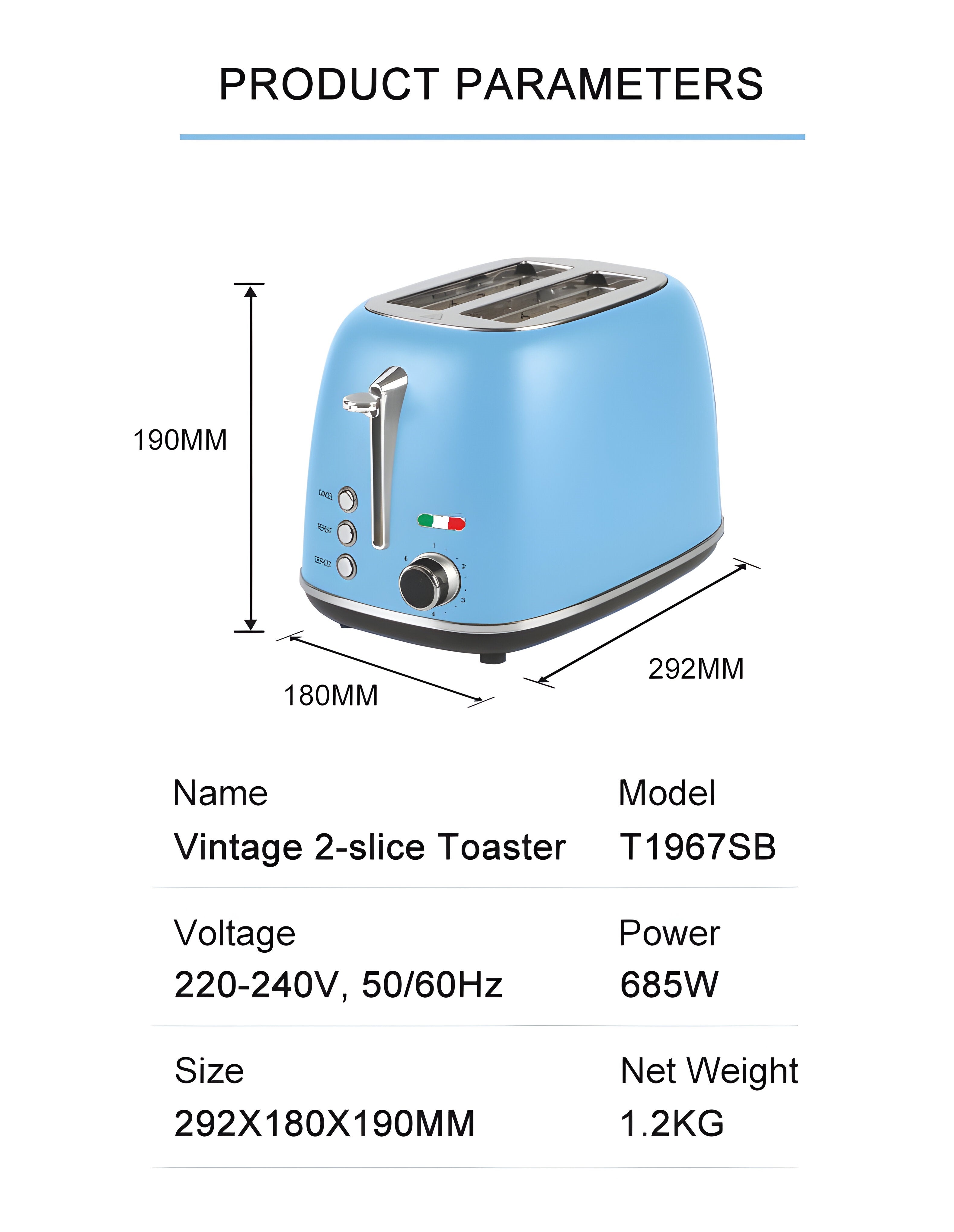Vintage 2 Slice Toaster – Sky Blue Stainless Steel, 825W – Extra Wide Slots, 6 Browning Levels, Defrost & Reheat, High-Lift Lever