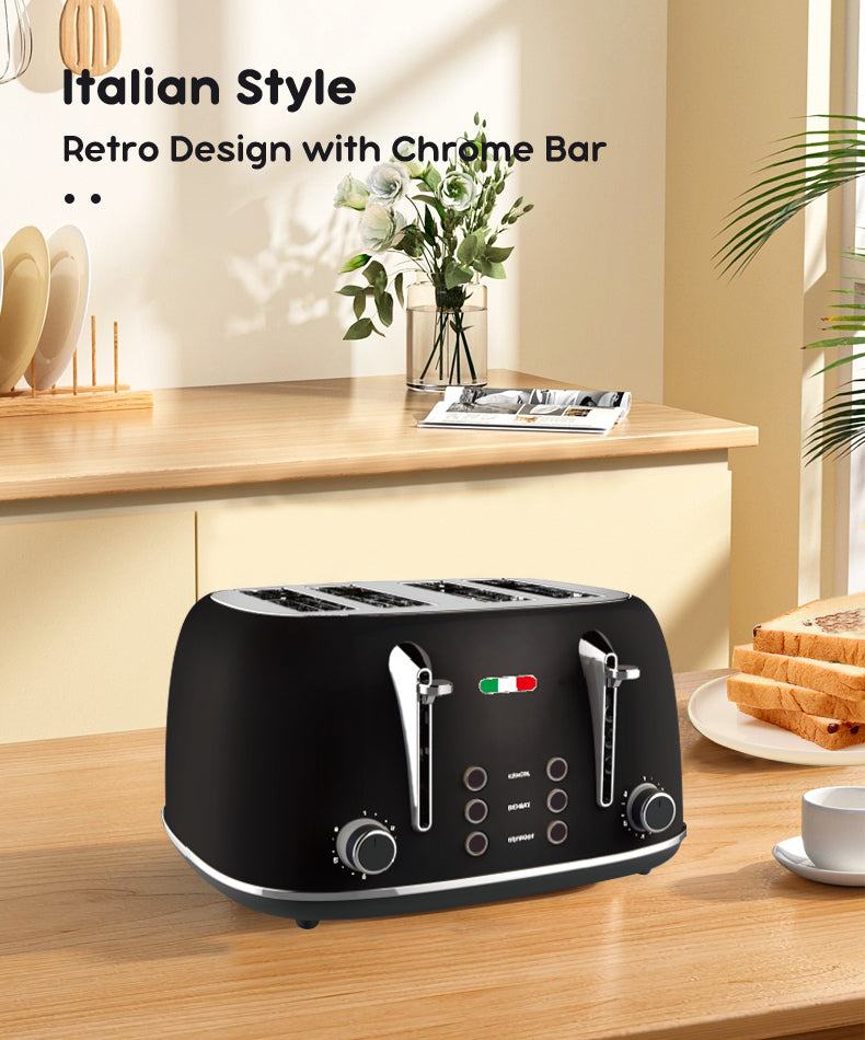Vintage 4 Slice Toaster & 1.7L Glass Kettle Set - Black Modern Design - LED, Browning Control, Keep Warm - Chrome Trim - Stylish Kitchen Combo