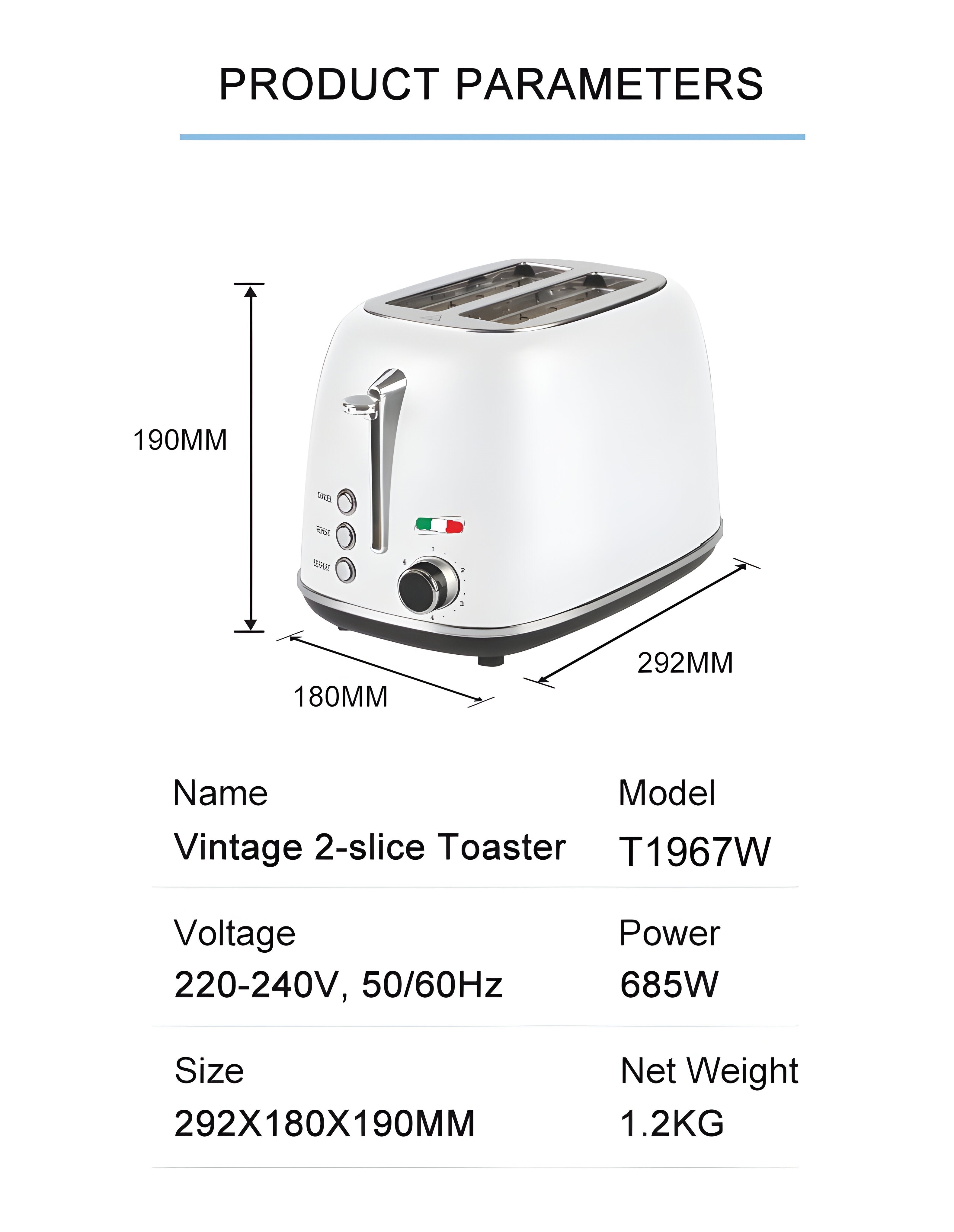 Vintage 2 Slice Toaster – White Stainless Steel, 825W – Extra Wide Slots, 6 Browning Levels, Defrost & Reheat, High-Lift Lever