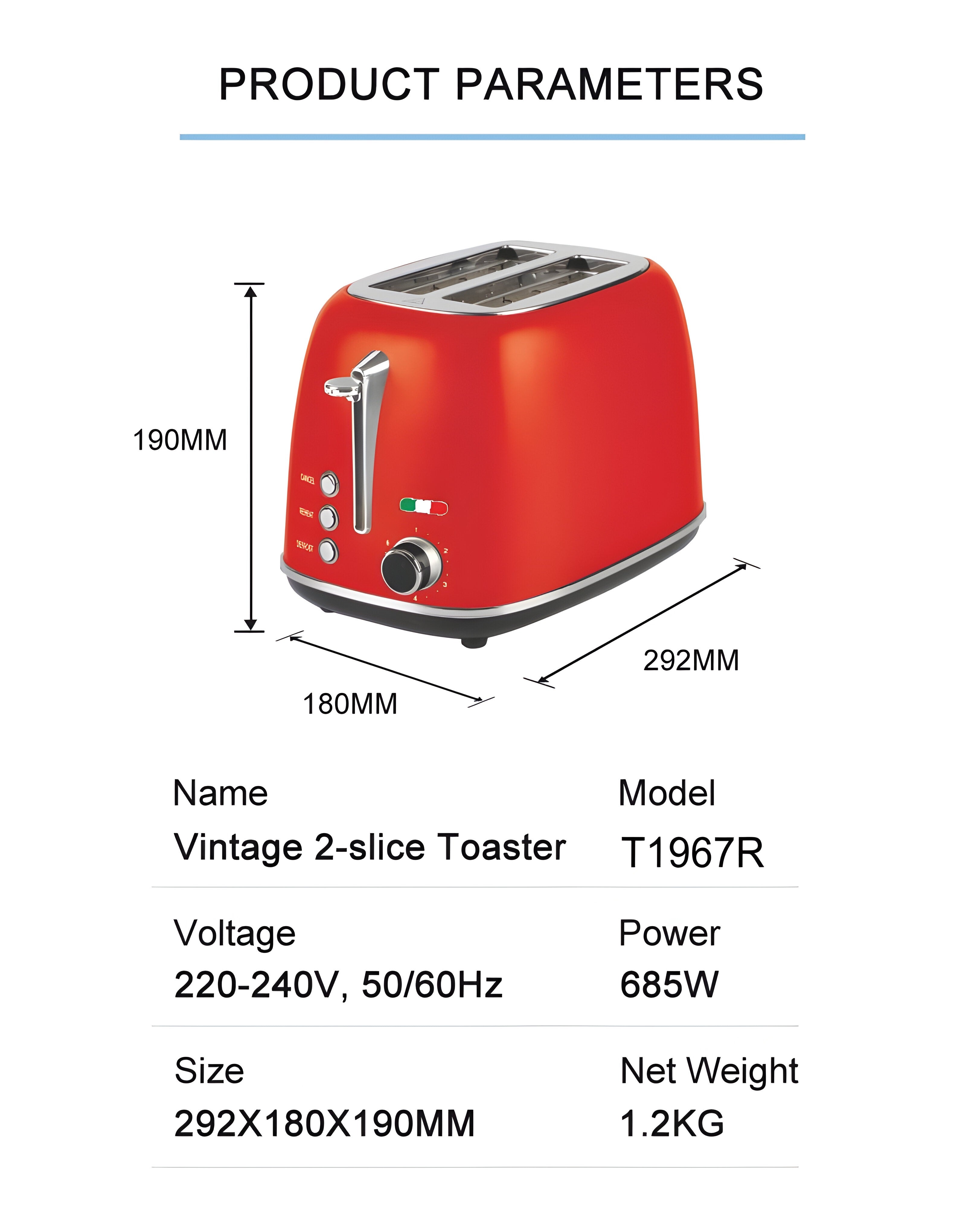 Vintage 2 Slice Toaster – Red Stainless Steel, 825W – Extra Wide Slots, 6 Browning Levels, Defrost & Reheat, High-Lift Lever