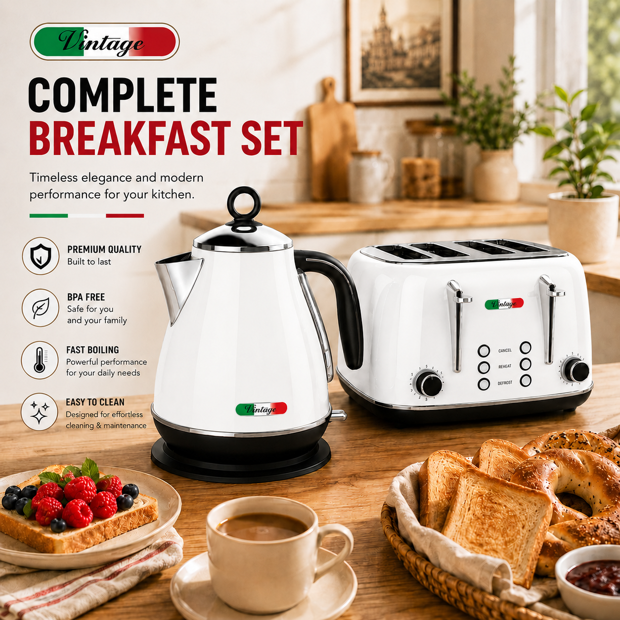 Vintage White Electric Kettle and 4-Slice Toaster Combo Set - Stainless Steel, Glossy Finish, Auto Shut-Off & Variable Browning Control