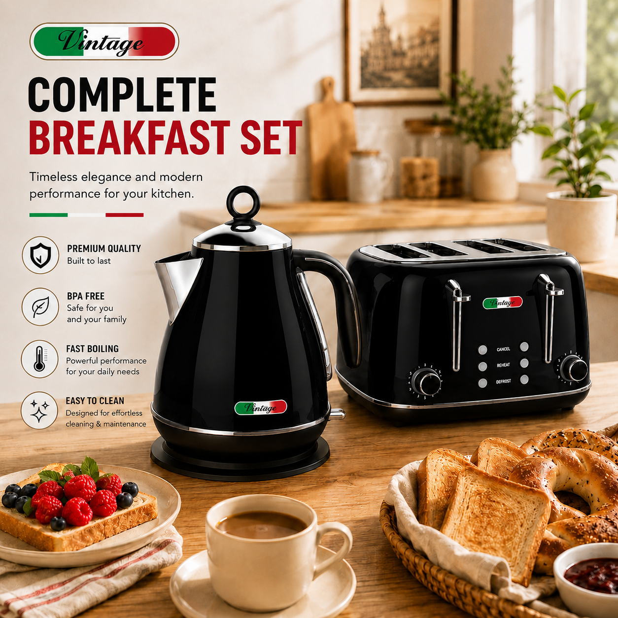 Vintage Black Electric Kettle and 4-Slice Toaster Combo Set - Stainless Steel, Glossy Finish, Auto Shut-Off & Variable Browning Control