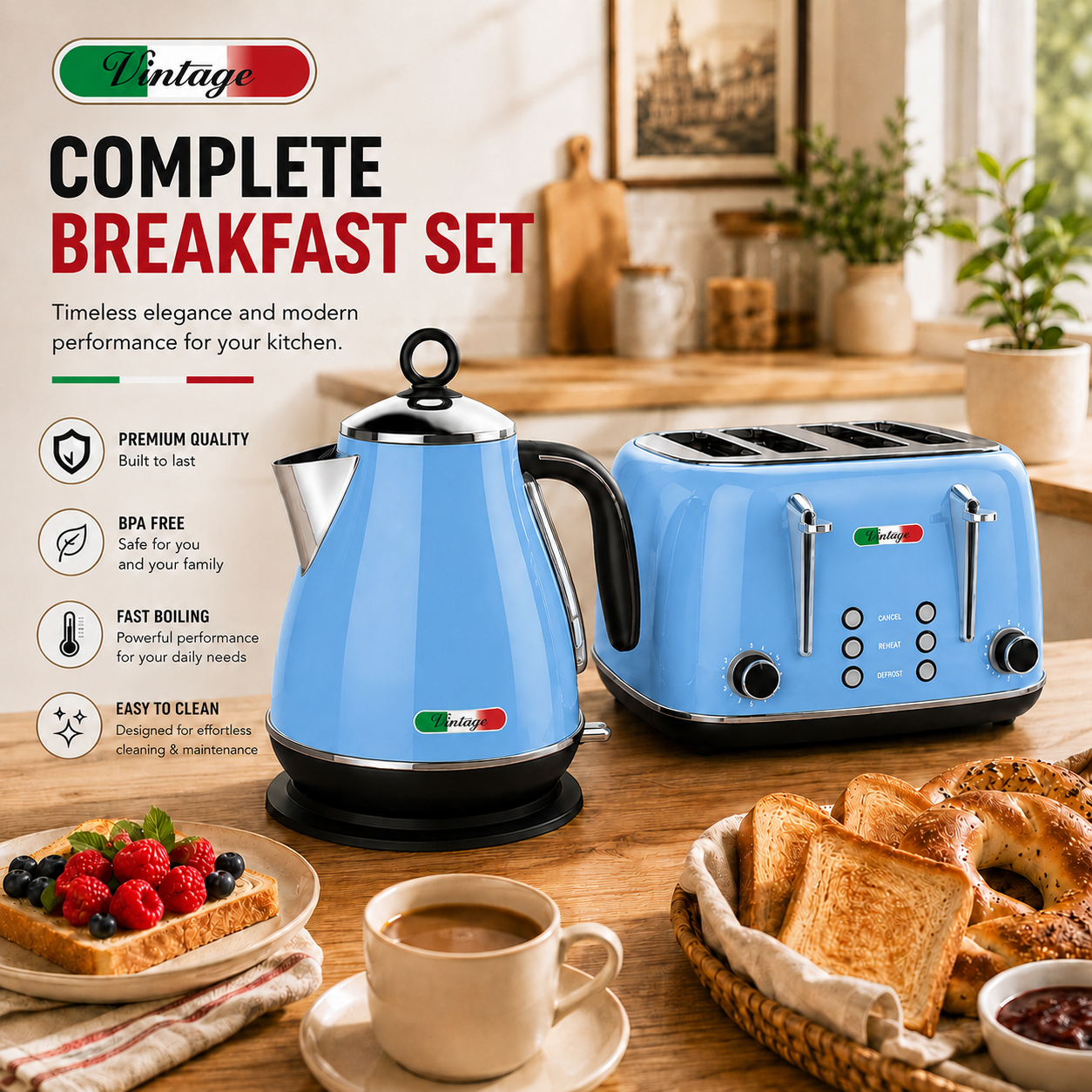 Vintage Sky Blue Electric Kettle and 4-Slice Toaster Combo Set - Stainless Steel, Glossy Finish, Auto Shut-Off & Variable Browning Control