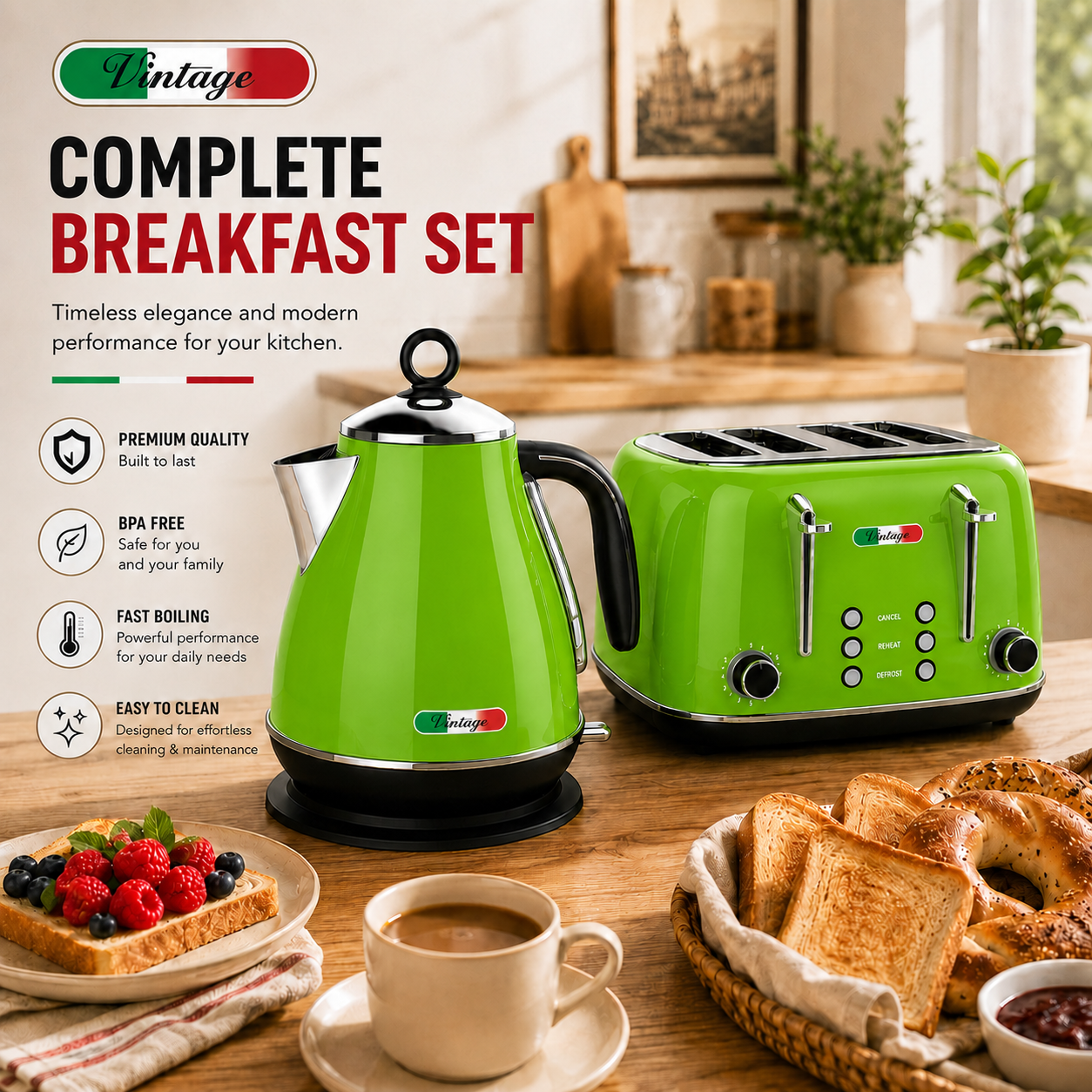 Vintage Lime Green Electric Kettle and 4-Slice Toaster Combo Set - Stainless Steel, Glossy Finish, Auto Shut-Off & Variable Browning Control