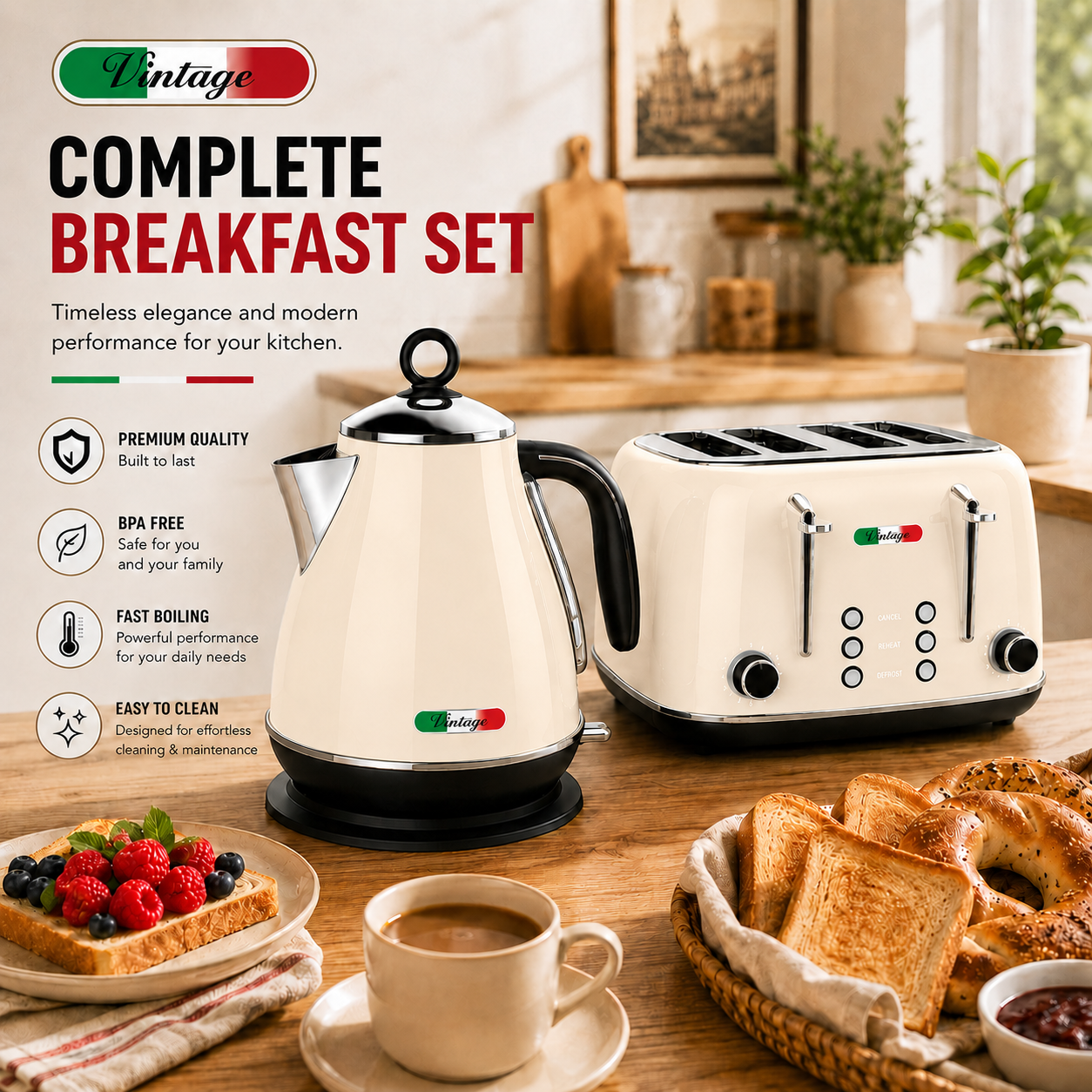 Vintage Cream Electric Kettle and 4-Slice Toaster Combo Set - Stainless Steel, Glossy Finish, Auto Shut-Off & Variable Browning Control
