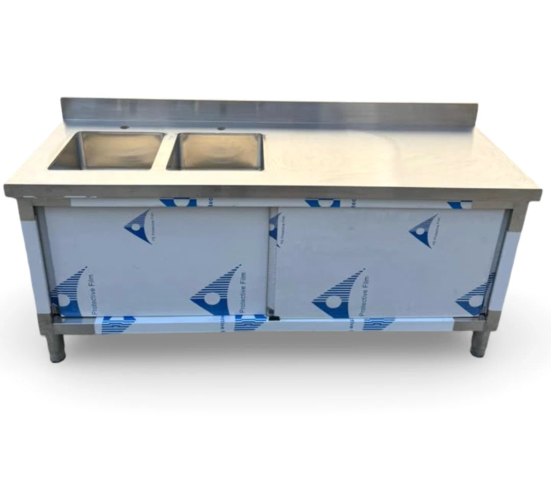 180cm Stainless Steel Table Heavy Duty Bench(2 Sinks,Storage Shelf & slide door)