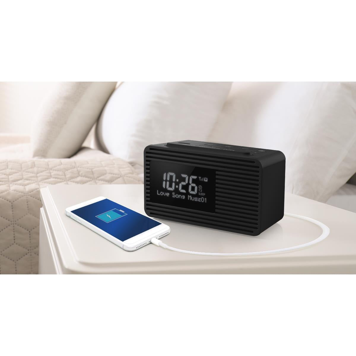 Panasonic Portable Dual Alarm Clock Radio (RC-D8GN-K) – Black – Bluetooth, USB Charging, FM Presets – Ex-Display