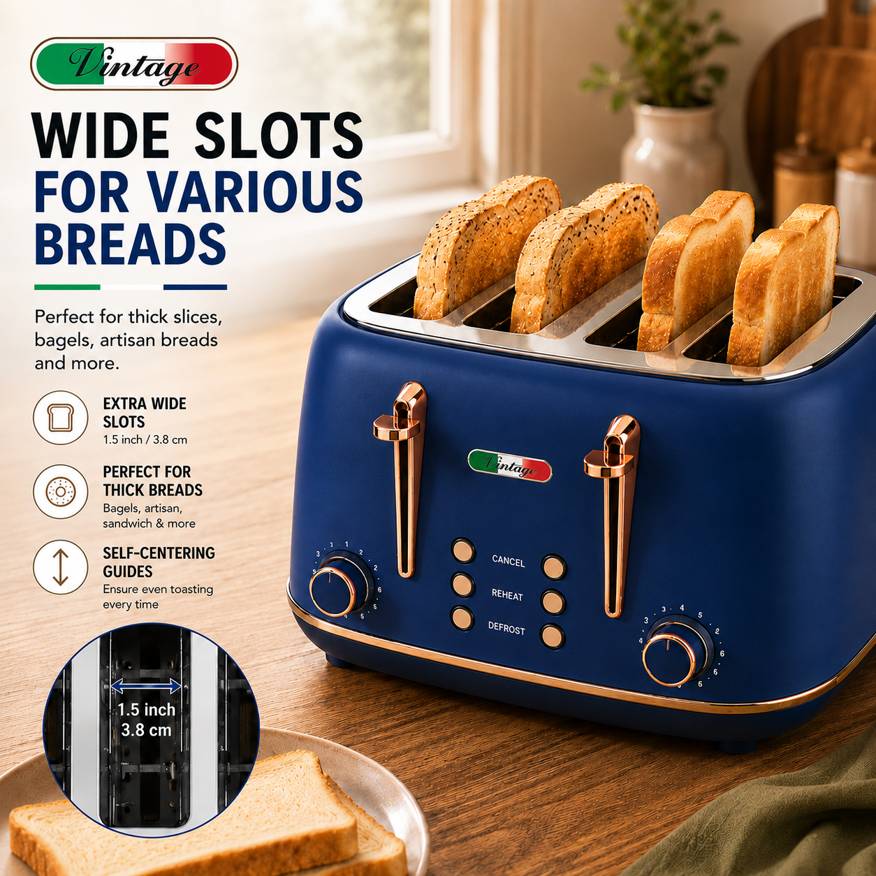 Vintage Copper Blue Electric Kettle and 4-Slice Toaster Combo Set - Stainless Steel, Glossy Finish, Auto Shut-Off & Variable Browning Control